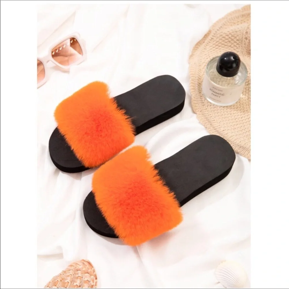 💕NWT Bright Orange Fluffy Faux Fur Slide Sandals💕 - Picture 2 of 6